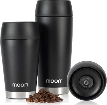 Moon 360° Thermobecher, Coffee Mug to Go Thermo, Travel Mug 300ml, Coffee to Go Becher, Insulated Leak-Proof Cup - BPA-Free, Double-Walled Stainless Steel, 100% Leak-Proof, 360° Drinking Opening, Black
