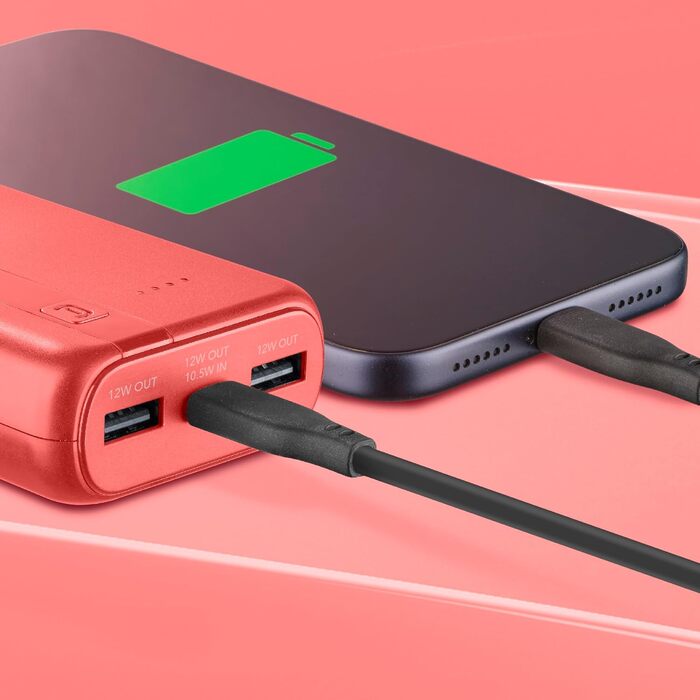Power Bank Cellularline 20000 mAh з USB-C та 2x USB-A, LED-індикатор, червоний