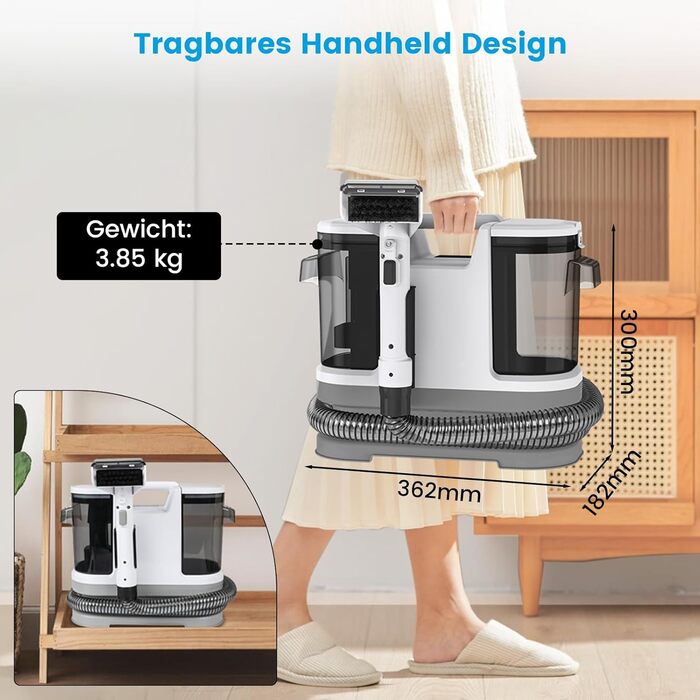 Апарат для чищення м'яких меблів та килимів: волого-пилосос, 450W, з щіткою для шерсті тварин. Підходить для диванів, килимів, автосидінь та сходів (біло-сірий)