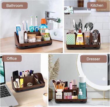 Тримач для зубних щіток у ванну кімнату: органайзер для електричних щіток та пасти, 7 відділень, дерев'яний (колір коричневого дерева)