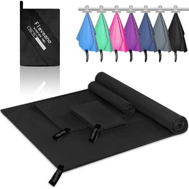 Набір рушників з мікрофібри (3 шт.): 180x90 см, 80x40 см, 50x30 см. Швидкосохнучі, для подорожей, спорту, пляжу. Чорний колір