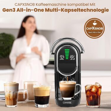 Кавомашина Magician1 Mini Kapselmaschine 5в1 для капсул Nespresso, Dolce Gusto, Lavazza A Modo Mio, ESE 44 та кавової гущі | 20 бар, 1450 Вт, LED-дисплей, 7 рівнів води | Для дому та офісу (Чорний)