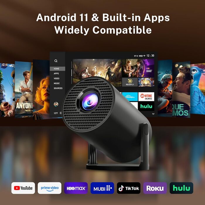 Lyncast OptiBarrel 500: Портативний проєктор 4K з Wi-Fi 6, Bluetooth 5.4, Android 11 та підтримкою iOS/HDMI/USB. Чорний