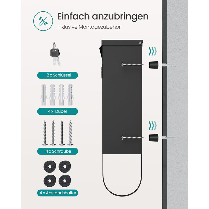 Поштова скринька SONGMICS з замком, оглядовим вікном та відділенням для газет, сіра, 10x30.8x33.8 см (GMB20AG)