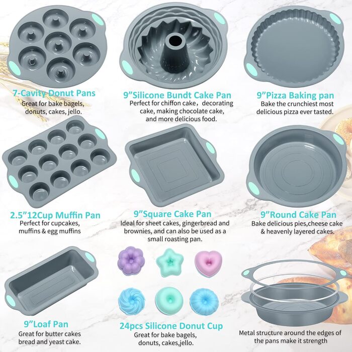 Encounter 31-Piece Silicone Baking Molds Set – 7 Silicone Baking Molds, 24 Muffin Donut Forms, Non-Stick Coated with Metal-Reinforced Frame, Increased Strength, Light Gray