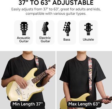 Гітарний ремінь Amumu з бавовни з вишивкою троянд та шкіряними кінцями для бас, електро та акустичної гітари, з фіксатором та блоками для ременя