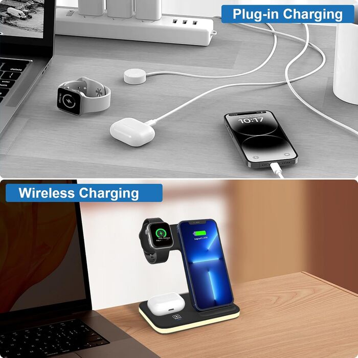 Зарядна станція 3-в-1 для Apple Watch та iPhone: бездротова зарядка для iPhone 16/15/14/13/12/11/Pro/Max/X/8/Plus та Apple Watch 10/9/Ultra/8/7/6/SE/5/4/3/AirPods Pro 4/3/2