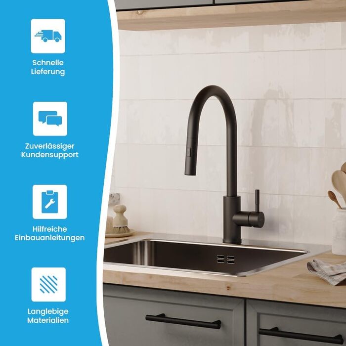Кухонний змішувач Bächlein Plivo з нержавіючої сталі (щіткова обробка) – одноручний висувний кран для кухні з поворотним виливом 360° (матова чорна обробка)