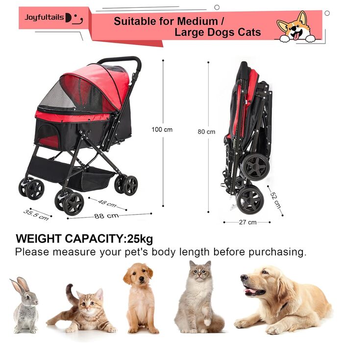 Складаний візок для собак, переноска для тварин до 20 кг, візок-роадстер для собак та котів (червоний)