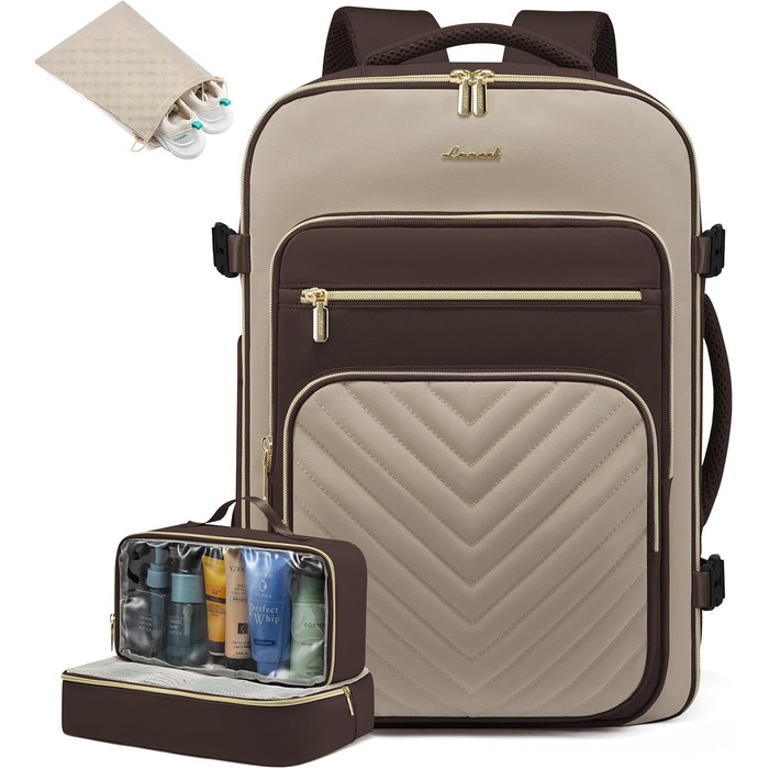 LOVEVOOK Рюкзак для ручної поклажі, 40L, рюкзак для жінок, водонепроникний, відділення для ноутбука 17 дюймів, для подорожей, роботи, хайкінгу, оливково-зелений/бежевий