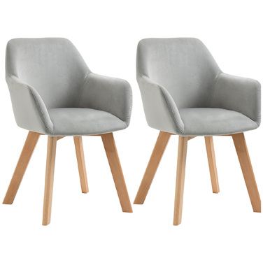 HOMCOM Dining Chairs 2-Piece Set Kitchen Chairs with Arm & Backrest, Velvet-Look Upholstery, Wooden Legs, Grey | Aosom