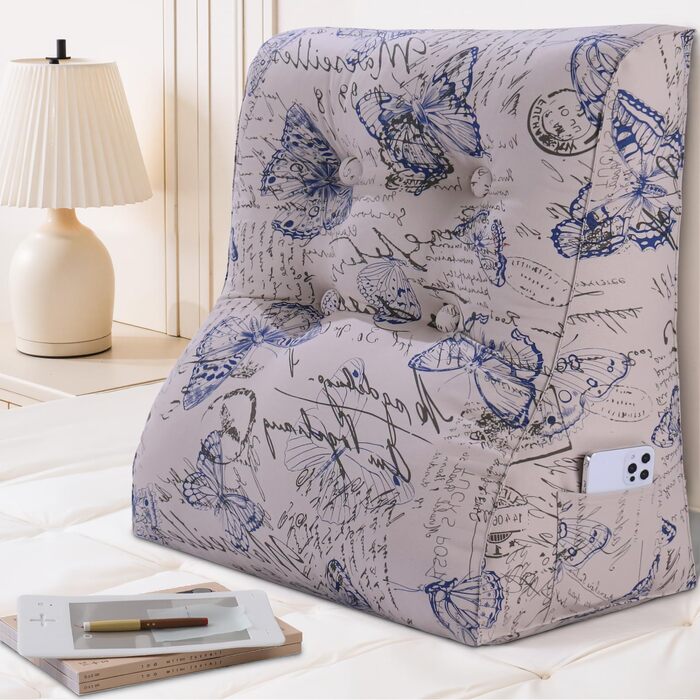 Вигнуте подушко-сидіння для ліжка, спинка для голови, клиновий ортопедичний підгузок, підставка для спини для сидіння в ліжку або на дивані, знімний чохол, блакитний з метеликами, 60 см