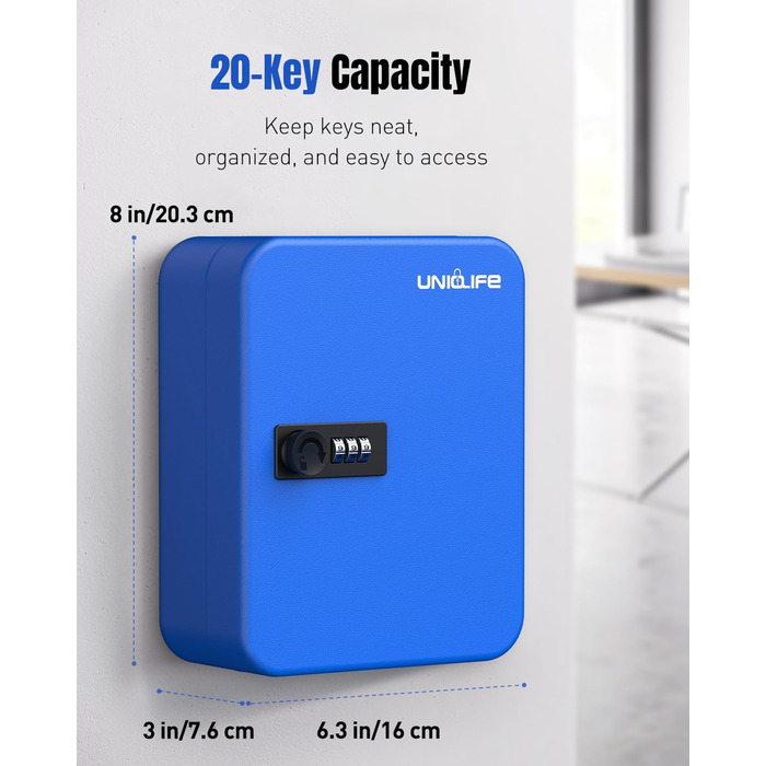 Шкафчик для ключів Uniclife на 60 позицій з комбінацією та ключовим замком, переналаштовується, цифрова скринька безпеки, органайзер для ключів з регульованими полицями (20 ключів, блакитний)