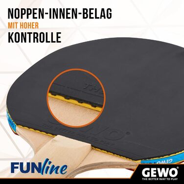 Набір для настільного тенісу GEWO Fun – одиночні або комплекти (1-4 ракетки), м'ячі, сумка, сітка – для початківців, хобі та відпочинку. Покриття Noppen-Innen, конкавний грифель. 2 ракетки + 3 м'ячі + сітка (конкавна)
