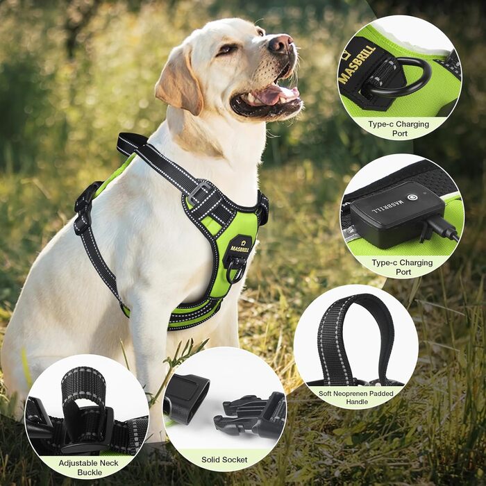 Нашийник для собак Masbri світловідбиваючий, регульований, з ручкою, м'який, світловідбиваючий, для собак середніх та великих порід, чорно-білий, TC3005B (L, Зелений)