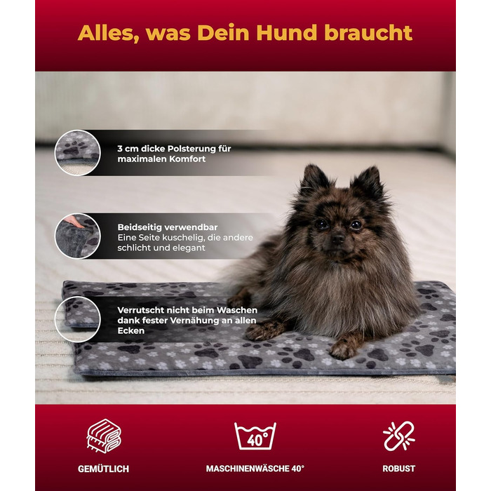 Підстилка для собак XS (45x65 см) – двостороння та зручна з наповнювачем 3 см – ідеальна для дивану, авто та переноски – лапка сірого кольору, Made in Germany 45 x 65 см, сіра лапка