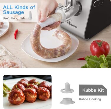 Електрична м'ясорубка 2000 Вт Profi з насадками для ковбас, печива та кібе – 3 диски з нержавіючої сталі, 4 ножі – для м'яса, овочів, сиру та тіста (Перлинно-біла)