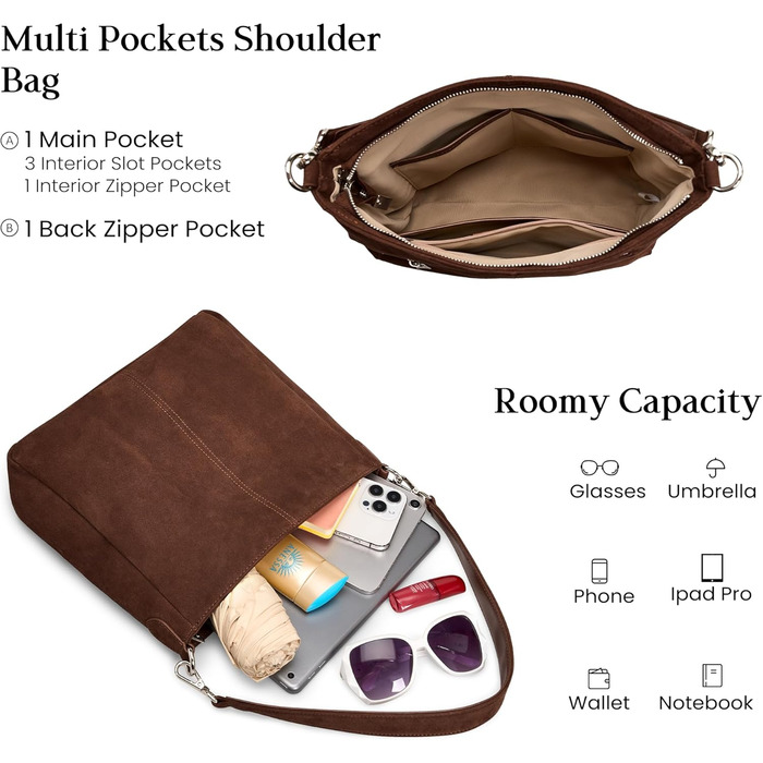 Жіноча сумка-шопер Befen з натуральної шкіри, м'яка сумка-хобо через плече, середній розмір з 2 ремінцями - класична елегантна (Коричнева замша)