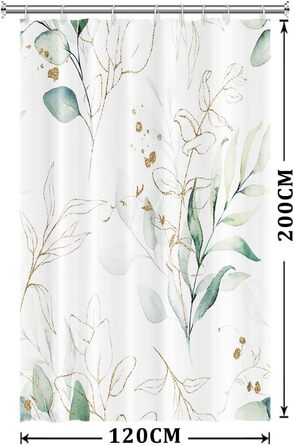 Штора для душу 120x200 см з евкаліптом, антигрибкова, акварель, водонепроникна, поліестер, з гачками для ванної кімнати