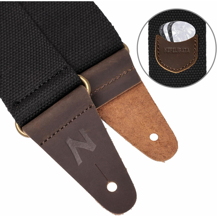 Гітарний ремінь Nefelibata з кишенькою для медіаторів, шкіряні кінці, для бас, електро- та акустичної гітари, з безкоштовними фіксаторами, 1 пара замків та 4 медіатори, чорний