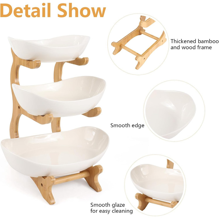 Багатоярусна фруктова миска з кераміки для кухні, 3 яруси, з дерев'яними підставками, для овочів, фруктів, снеків, декор