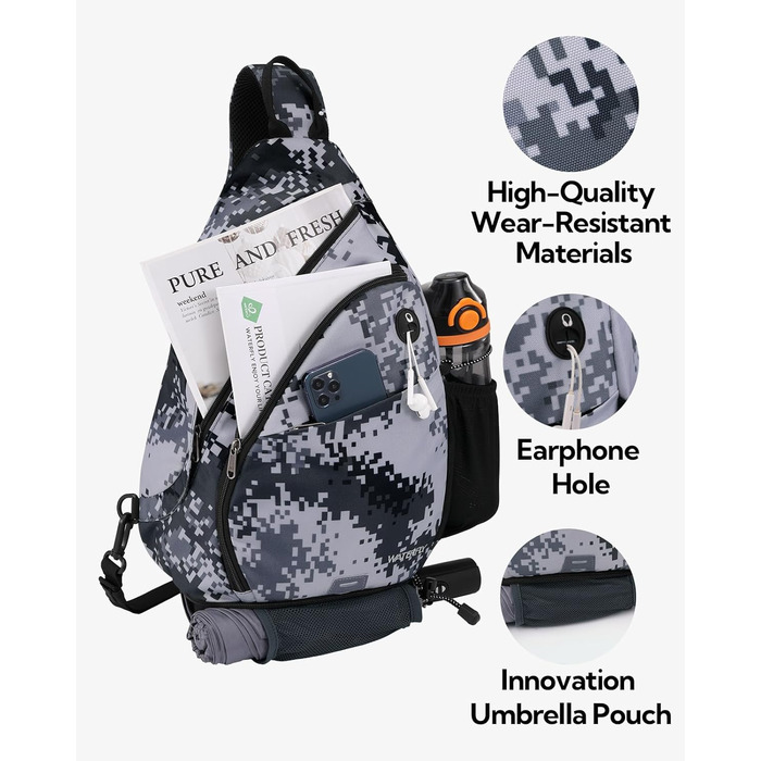 Сумка через плече WATERFLY: рюкзак-слінг для туризму, велоспорту та подорожей (Tarnweiß)