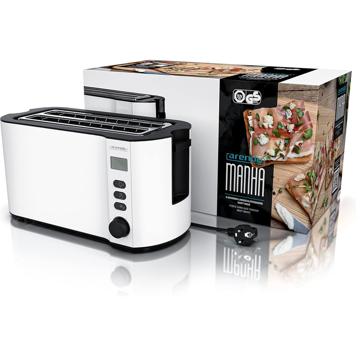 Тостер Arendo з нержавіючої сталі з 4 широкими слотами, подвійними стінками, інтегрованим тримачем для булочок, ступенями підсмажування 1-6, центровкою хліба, автоматичним вимкненням та дисплеєм з індикатором часу. Колір: білий