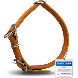 Rund & Weich - Dog Collar with Stop Feature - Size L - 55cm with Adjustable Buckle and Integrated Stable Core, Leather Collar with Pull Limiter, Gentle on Fur Pull Stopper, Cowhide Leather (55 L, Cognac)