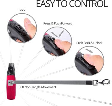 Рулетка для собак CFMOUR, 5 м, до 20 кг, червона, міцна, висувна, для собак маленьких та середніх порід, з нейлоновою стрічкою, стопорним механізмом та замком, бонус - кликер для дресирування