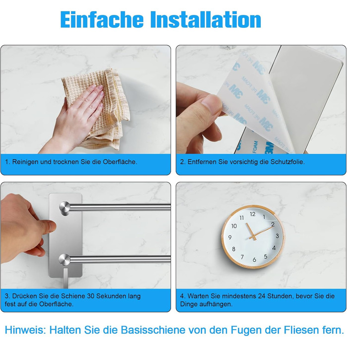 Тримач для рушників без свердління, 60 см, самоклеючий, з гачками, нержавіюча сталь, вологостійкий, для ванної кімнати та кухні, срібляний