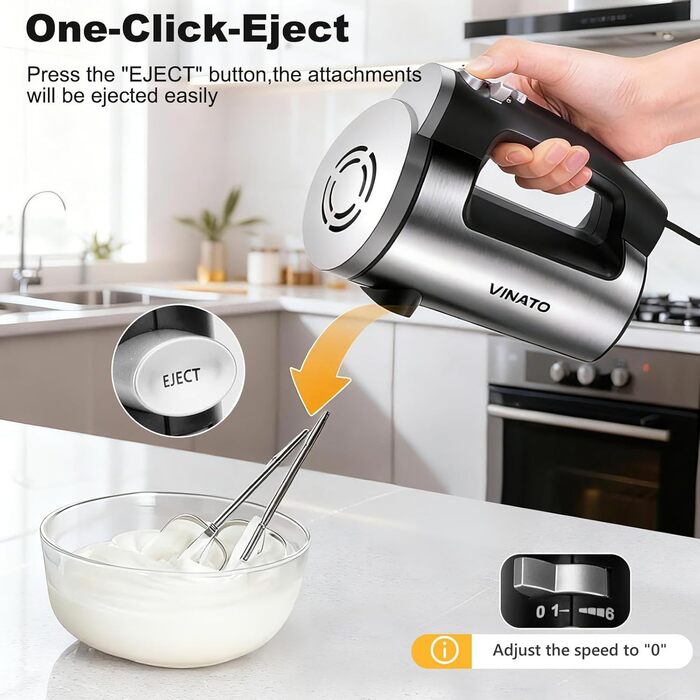 Електричний ручний міксер VINATO 300W з 6 режимами, 2 насадки (венчик та гак) | Для тіста, яєць, збивання вершків, випічки | Потужний, захист від перегріву, срібний