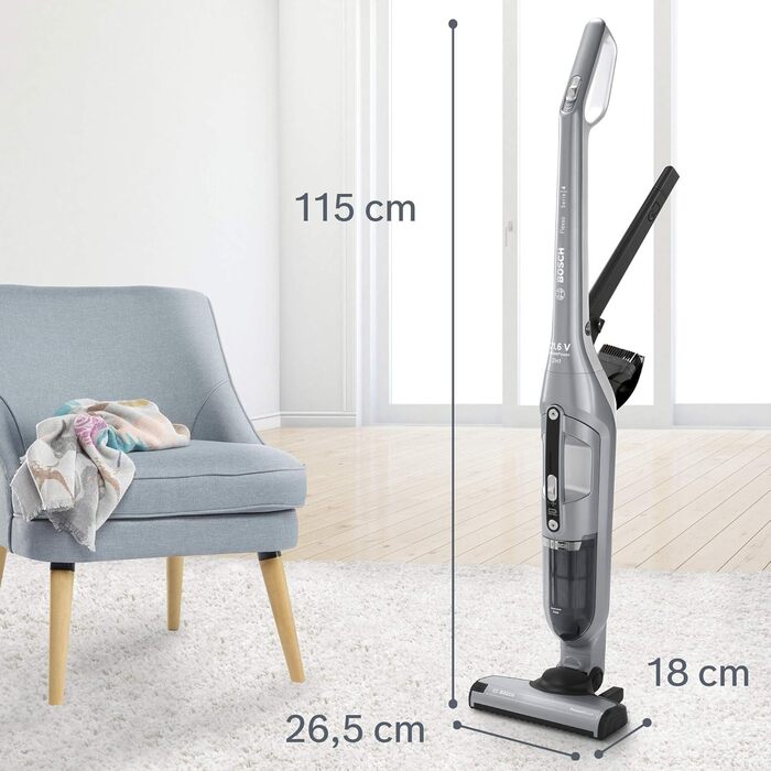 Акумуляторний пилосос Bosch Flexxo 2в1 Serie 4 BCH3P210, безмішковий, потужний, для всіх типів підлог, довга автономність, швидка зарядка, насадка для щілин, сріблястий, 21,6 В