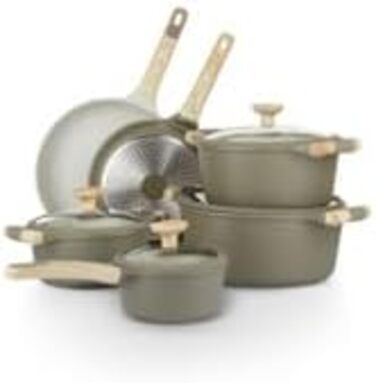 Набір посуду KASANOVA Bambù з антипригарним покриттям, 10 предметів, індукція, скляні кришки (Зелений та Кремовий)