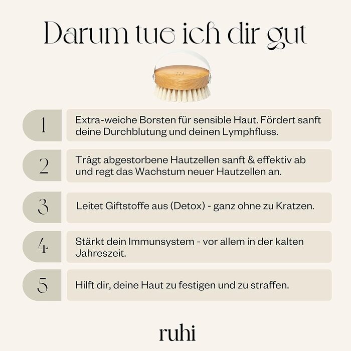 RUHI Body Brush/Dry Brush SOFT 100% Natural Bristles/Made in Germany, regional beechwood & plastic-free for dry brushing massage (dry brush), lymphatic drainage against cellulite