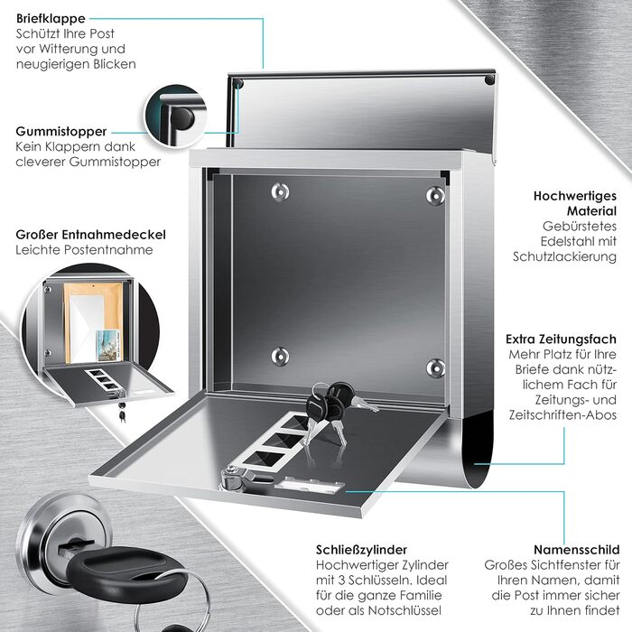 Поштова скринька KESSER® з газетницею та табличкою для імені, нержавіюча сталь, полірована, з оглядовим вікном, замок на 3 ключі, порошкове покриття, для настінного монтажу, велика, срібляста + матеріал для монтажу