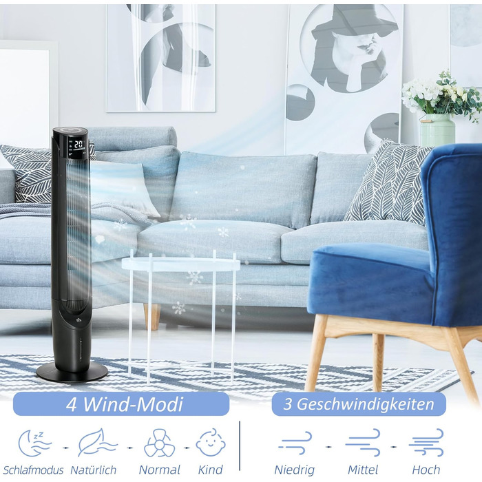 Вежа-вентилятор з водяним охолодженням HOMCOM 60W, зволожувач повітря, пульт, LED-дисплей, таймер 12 год, чорний Ø31,5 x 107 см