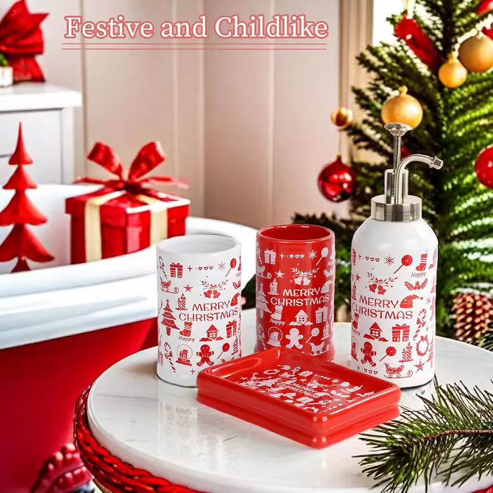 4-Piece Ceramic Bathroom Set, Artistic Line Face Bathroom Accessories Set with Soap Dispenser, Toothbrush Holder, Cup, Soap Dish, Abstract Bathroom Set for Decor, Cream (Merry Christmas)