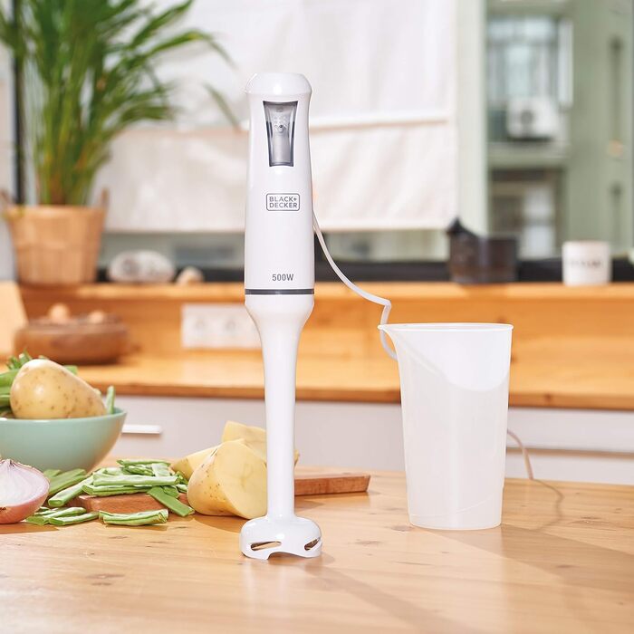 BLACK+DECKER Stabmixer | BXHB500E | 500W | Compact and ergonomic design | splash-proof | Includes measuring cup | Plastic | White 1 accessory Single 500W