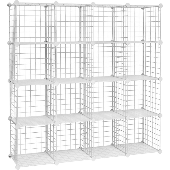 SONGMICS Storage Shelf, 16 Cube Storage System made of Metal Wire, DIY, Modular Grid Shelf, with Wire Frame, LPI44H (White)
