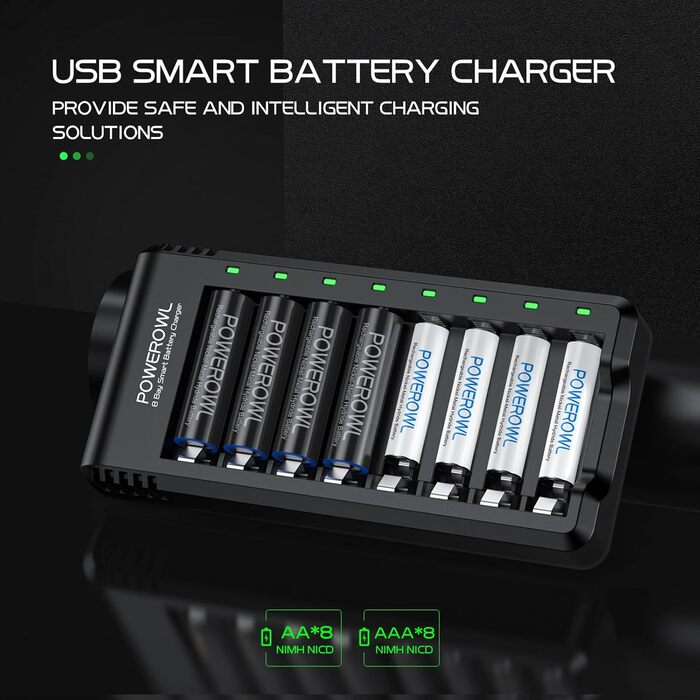 Зарядний пристрій POWEROWL для акумуляторів NIMH AA AAA з LED-дисплеєм (індивідуальний слот)