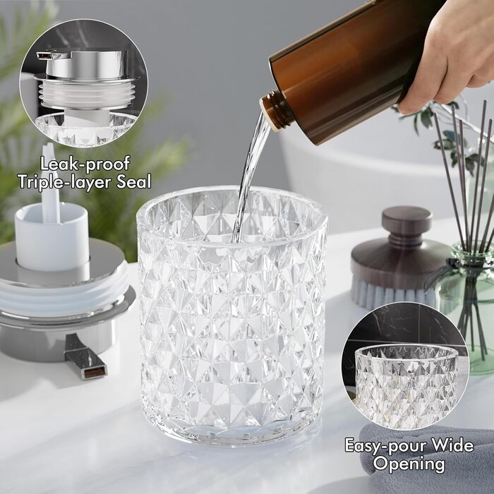 Набір аксесуарів для ванної кімнати зі скла, 5 предметів: мильниця, стакан, органайзер, тримач для зубних щіток, флакон для мила. Прозорий декор для раковини.