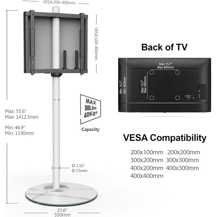 FITUEYES Adjustable Height & Swivel TV Stand for 32-60 inch TVs - White, VESA 400x400