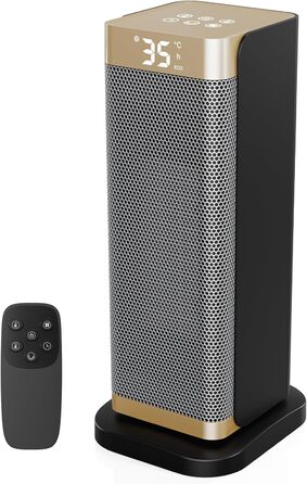 Електричний обігрівач 2000W з економним споживанням, тихий, 3 режими, PTC кераміка, швидкий нагрів, ECO режим, пульт ДУ, таймер 12H, поворот 70°, для офісу, спальні, ванної кімнати, золотий