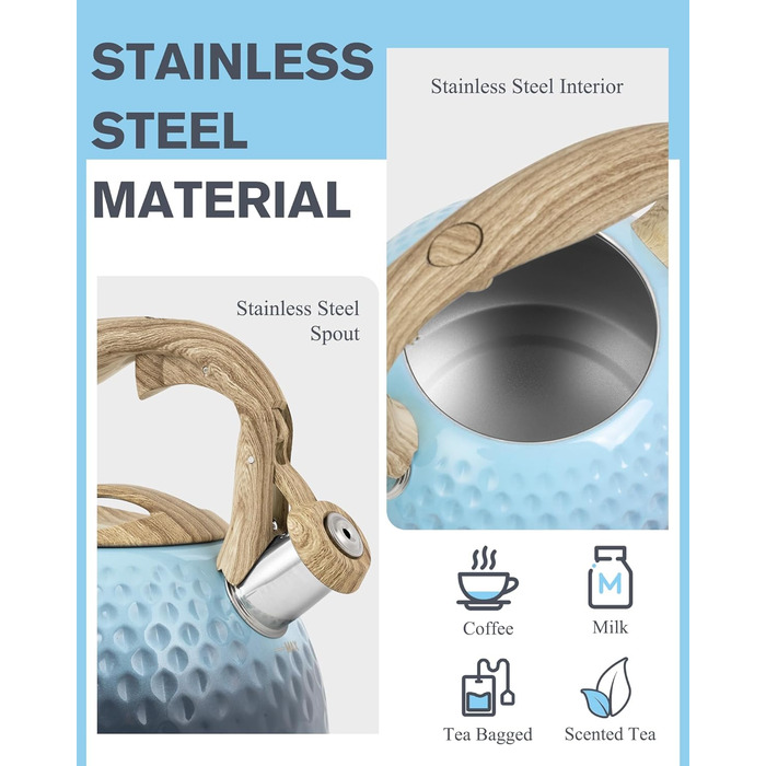 Чайник для заварювання чаю Teekessel 2,7 л з емальованим покриттям, зелений колір з імітацією дерева, з носиком-свистком, з нержавіючої сталі, антипригарне покриття, зручна ручка оливкового кольору з переходом у блакитний