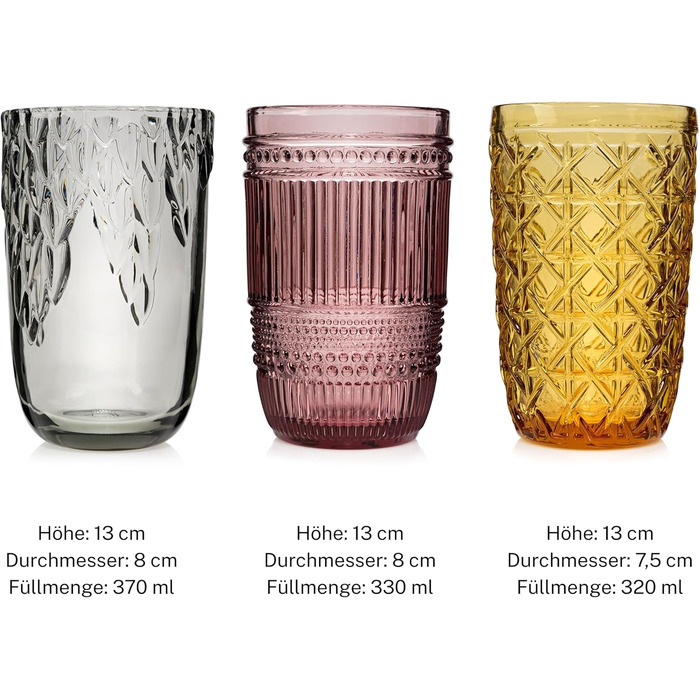 Sänger Drinking Glasses Set Faro - 6-Piece Glasses Set for 6 People made of Glass, Water Glasses, Multi-Colored, Unique Cut Design, Suitable for Everyday Use, Family Meals, Office, Outdoor Juice Glasses Set | 330 ml