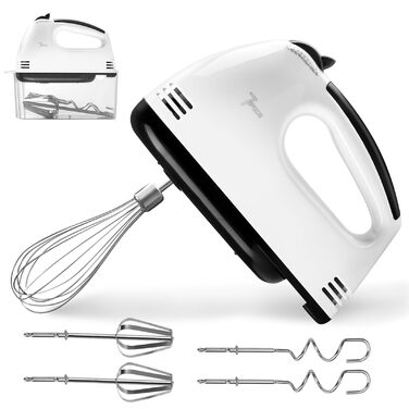 Електричний ручний міксер з нержавіючої сталі, 7 швидкостей, 2 насадки для збивання та 2 гаки для тіста - для кухні
