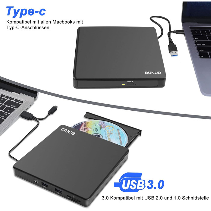 Зовнішній DVD-навігатор та CD-привід BUNUD для Windows 11, Mac, MacBook, PC: USB DVD-записувач та плеєр з картридером SD/TF та 2 USB-портами