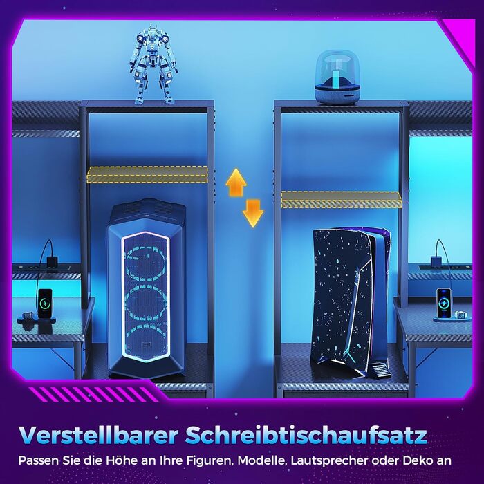 Ігровий стіл Coleshome з полицею та шухлядами, 137x48 см. Стіл для геймінгу з LED-підсвічуванням та розеткою, комп'ютерний стіл з полицями та підставкою для монітора, карбонове волокно, чорний колір