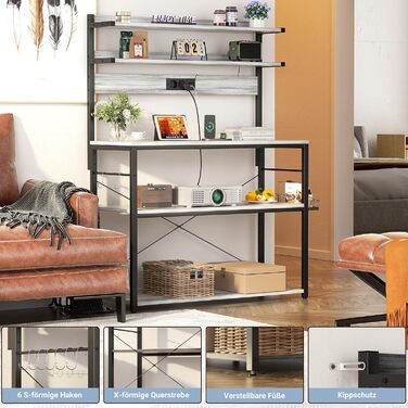 Кухонна полиця-стійка з розеткою, підставка для мікрохвильовки, 5-рівнева кавобар з LED-підсвічуванням, полиця для спецій, каструль та сковорідки (80см, Білий дуб)