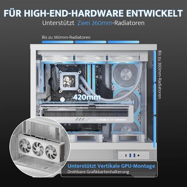Ігровий корпус darkFlash LAND451 Midi Tower ATX (Білий) — підтримка BTF-материнських плат, вертикальна установка відеокарти RTX 5090 (до 420мм), Type-C, підтримка двох 360мм СРО, панорамний огляд